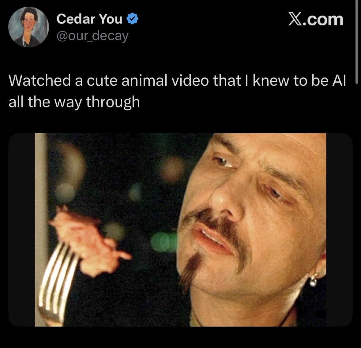 A movie still screenshot of Cypher eating a juicy steak in The Matrix, used in a funny meme stream to illustrate the inner peace of knowingly choosing comfortable, sweet ignorance while binging cute, obviously AI-generated animal videos.