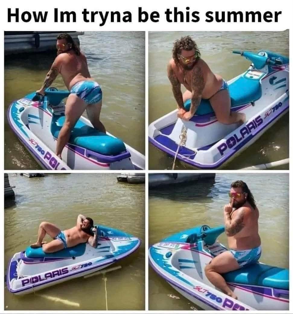 A summer energy layout in a funny meme showcases a four-panel grid of a heavily tattooed, burly man posing in glamorous, dramatic swimwear positions on a blue-and-white Polaris jet ski, captioned "How Im tryna be this summer."