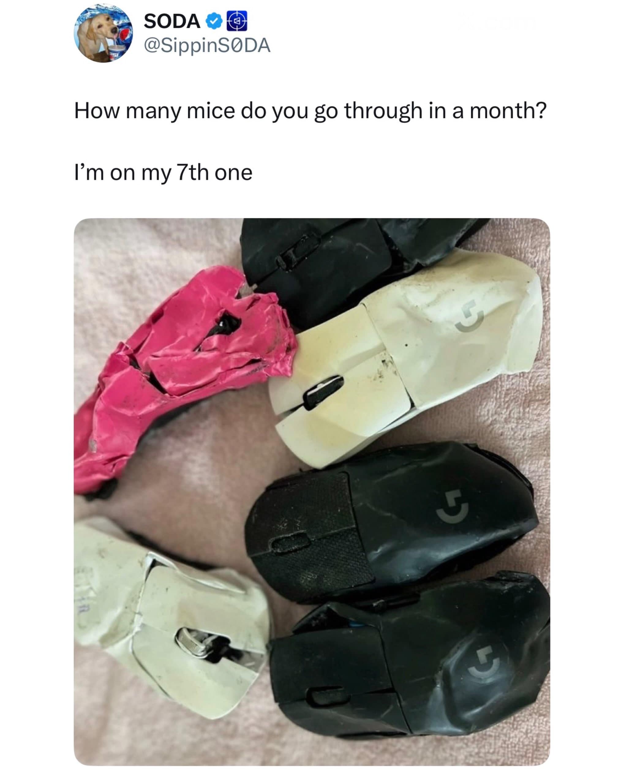 Broken Logitech gaming mice piled on a towel in a meme dump screen capture tracking online competitive gaming rage-quitting behavior.