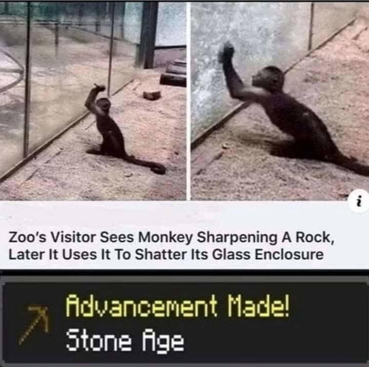 A brilliant gaming crossover funny meme displays a two-panel layout with a news headline reporting a zoo monkey sharpening a rock to shatter its glass enclosure, paired with a pixelated Minecraft achievement pop-up banner reading, "Advancement Made! Stone Age" alongside a stone pickaxe icon.