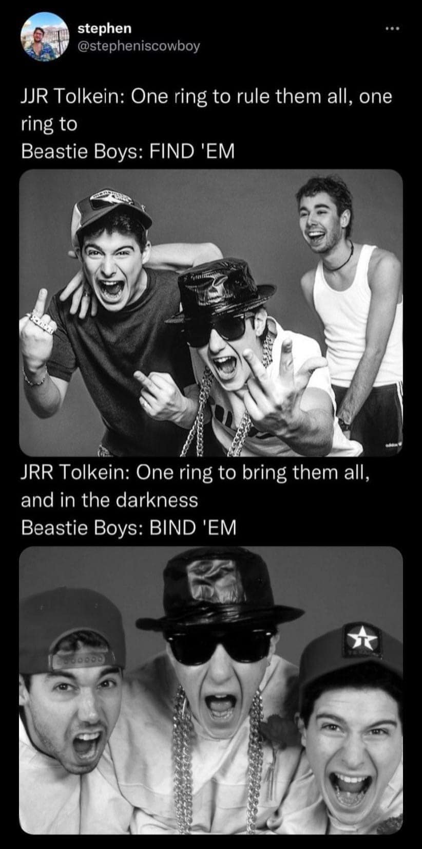 A side-by-side layout screenshot from a viral meme dump pairing lines from J.R.R. Tolkien’s The Lord of the Rings ("One ring to rule them all...") with the rowdy, aggressive hip-hop lyric deliveries of the Beastie Boys ("FIND 'EM" / "BIND 'EM"), illustrated by vintage black-and-white photos of the rap group shouting.