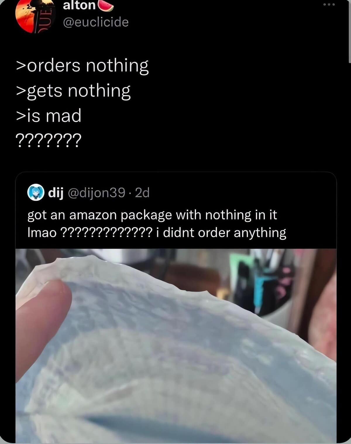 screenshot of a funny interaction inside a meme dump where user alton (@euclicide) roasts a post by dij (@dijon39), who is holding a completely empty, flat Amazon bubble mailer and expressing deep confusion over receiving a delivery with nothing inside despite not ordering anything.