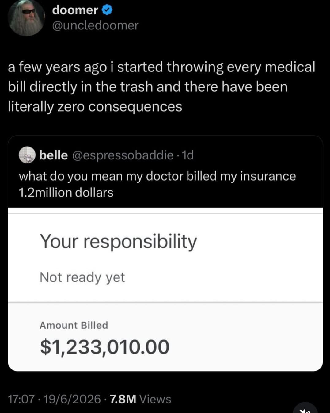 screenshot of a viral healthcare post in a meme dump showing a medical insurance statement totaling an astronomical $1.23 million, quote-tweeted by a user who proudly claims they have been throwing every medical bill straight into the trash for years with zero consequences.