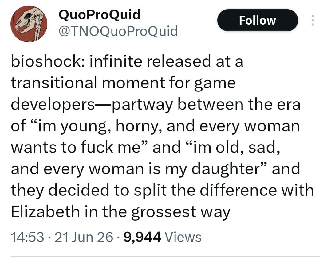 A text screenshot from a media-focused meme dump critiquing the mid-2013 era of game development, noting that BioShock Infinite uncomfortably split the difference between the over-sexualized female protagonist era and the melancholy "sad dad protector" gaming trope with the character Elizabeth.