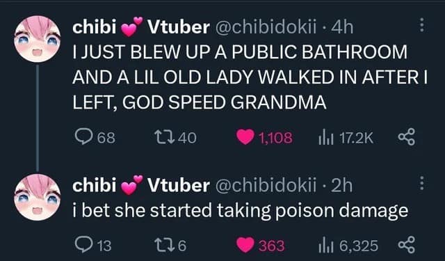 A screenshot of a viral tweet thread in a meme dump by a Vtuber colorfully describing the biological aftermath of utilizing a public restroom right before an elderly lady walked in, joking that the poor grandma began taking literal "poison damage."