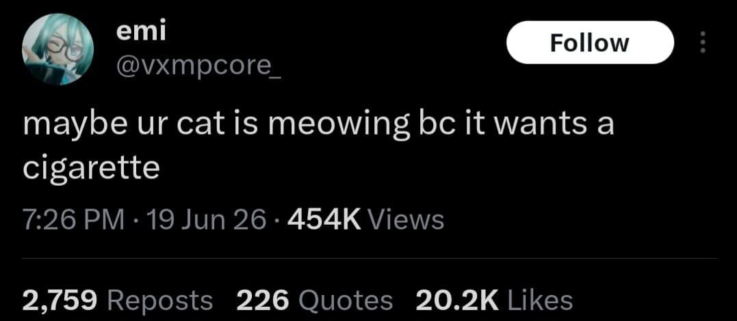 A text post screenshot from a popular lifestyle meme dump by user emi (@vxmpcore_) humorously suggesting a completely alternate, highly addictive rationale for why an indoor domestic house cat might be continuously meowing at its owner.