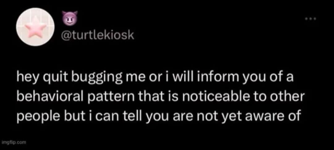 A dark-mode platform screenshot of a highly specific behavioral threat in a text meme dump stating: "hey quit bugging me or i will inform you of a behavioral pattern that is noticeable to other people but i can tell you are not yet aware of".