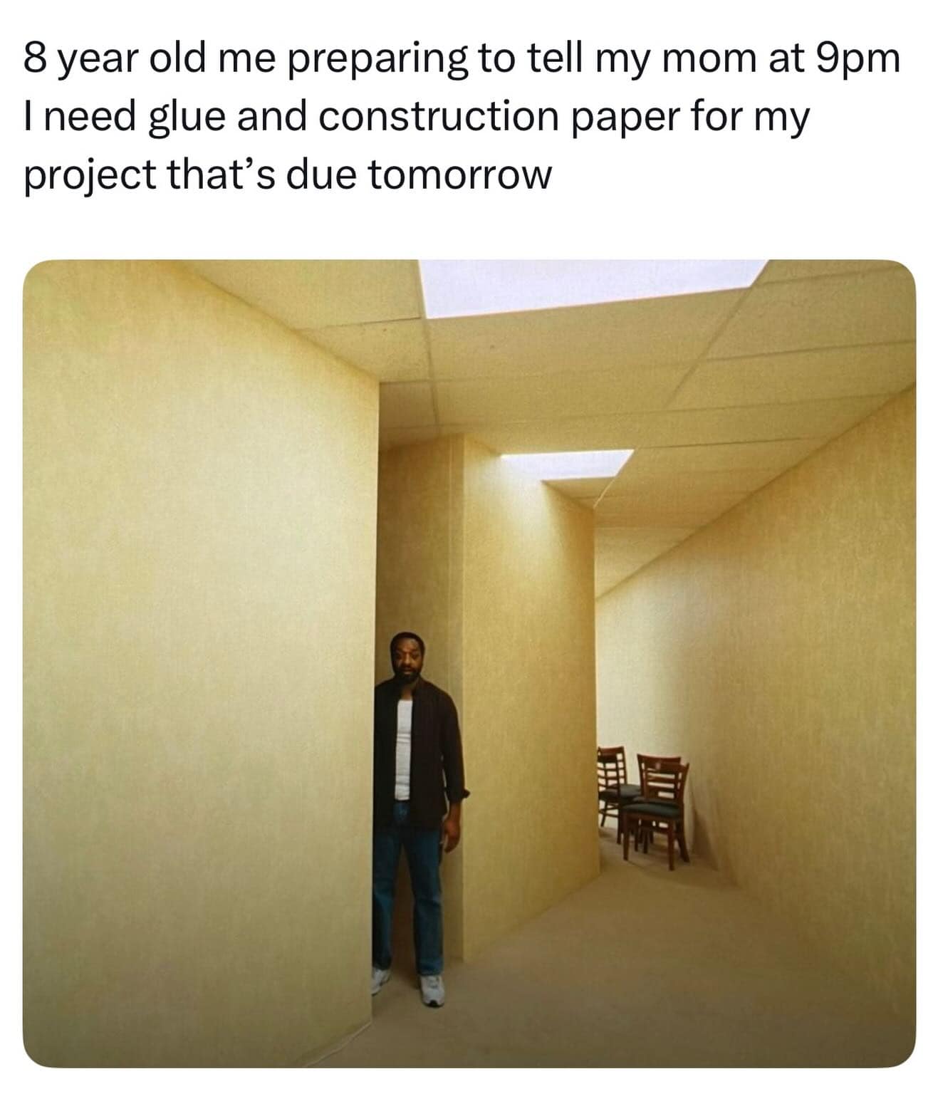 relatable childhood anxiety post in a trending meme dump features a man nervously peering around a corner inside the eerie, yellow-walled corridors of the liminal Backrooms creepypasta space, captioned under text about an 8-year-old warning their mom at 9:00 PM about a school project due tomorrow.