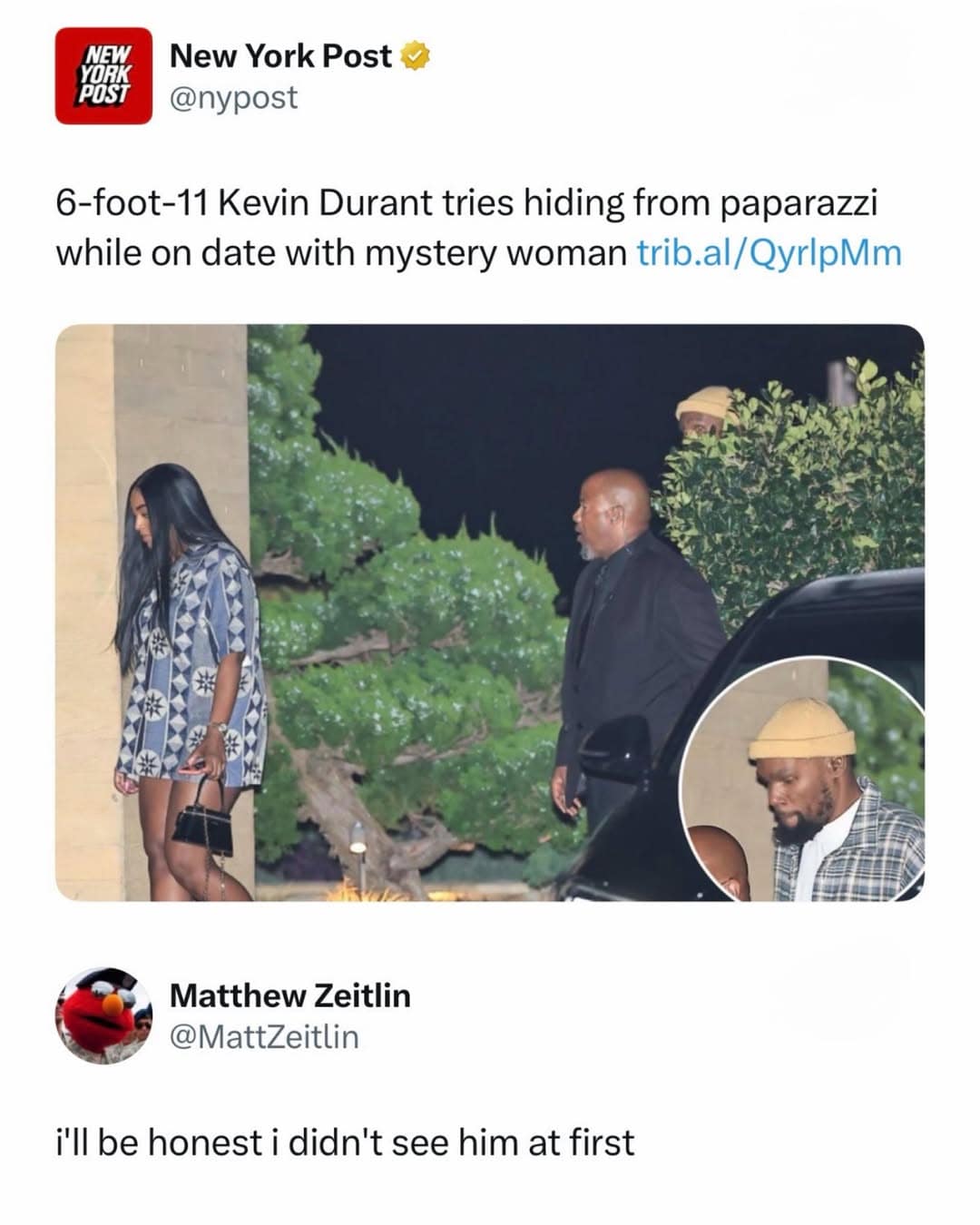 A funny meme screenshot shows a New York Post tweet about 6-foot-11 Kevin Durant trying to hide from paparazzi behind a bush during a date, followed by a reply joking they did not see him at first, because nothing says stealth mode like being NBA-center tall in shrub camouflage.