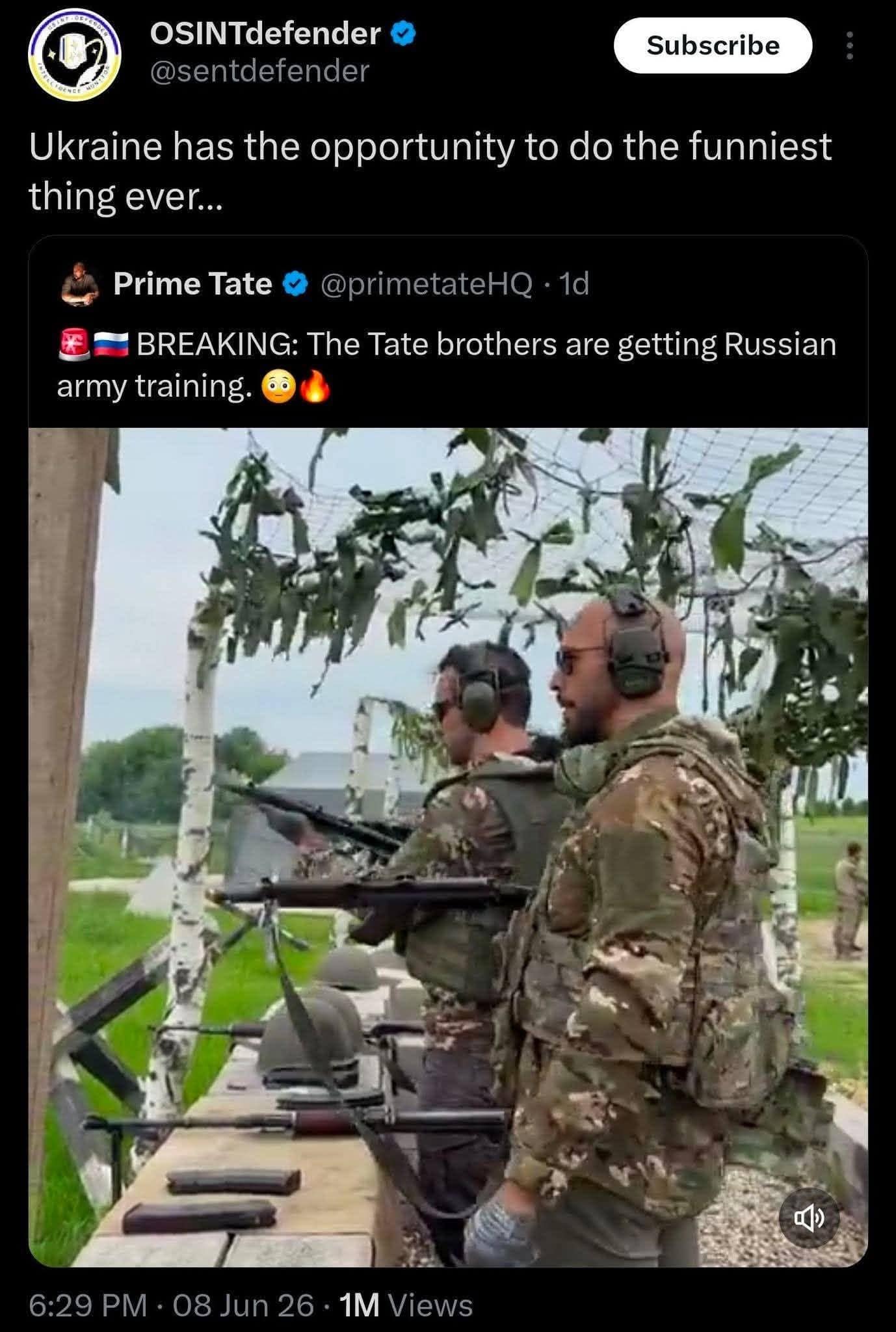 Screenshot of an online X platform post from a meme dump showing the Tate brothers wearing military camouflage and noise-canceling tactical gear at a shooting range.