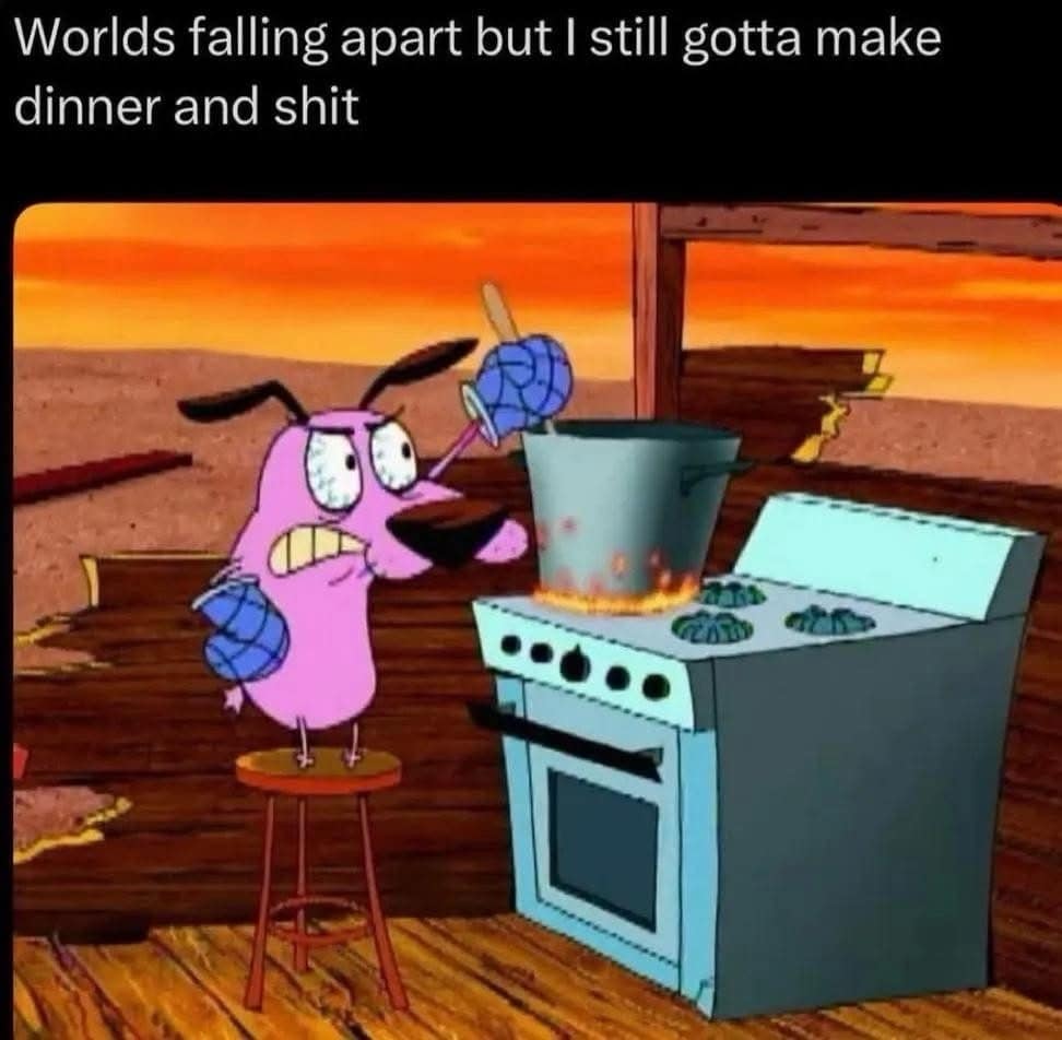 An anxious Courage the Cowardly Dog wearing blue oven mitts frantically stirs a boiling grey pot over a blue kitchen stove against an apocalyptic orange sky background, featured in a relatable meme dump. The text above reads: "Worlds falling apart but I still gotta make dinner and shi*".