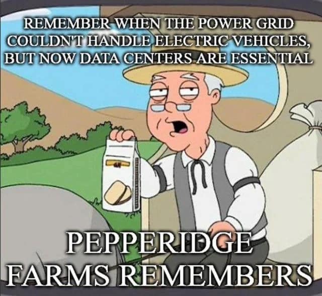 A meme dump entry utilizing the classic "Pepperidge Farm Remembers" animated character from Family Guy, overlaying social commentary about how the modern power grid handles electronic infrastructure demand.