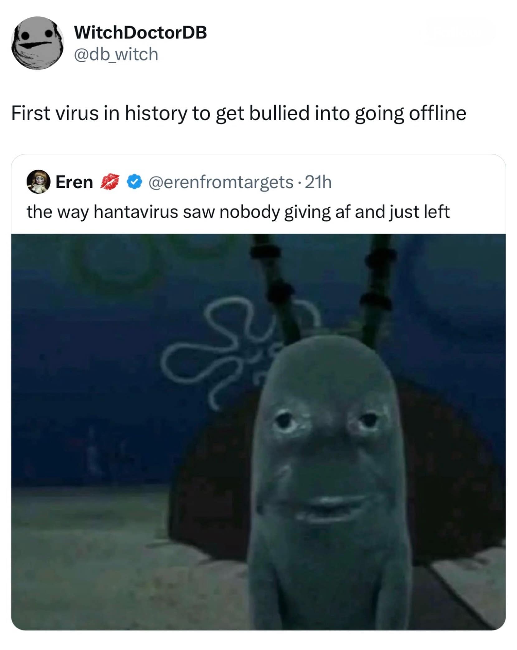Plankton from SpongeBob edit face template inside a Twitter screenshot from a meme dump joking about a brief virus scare.