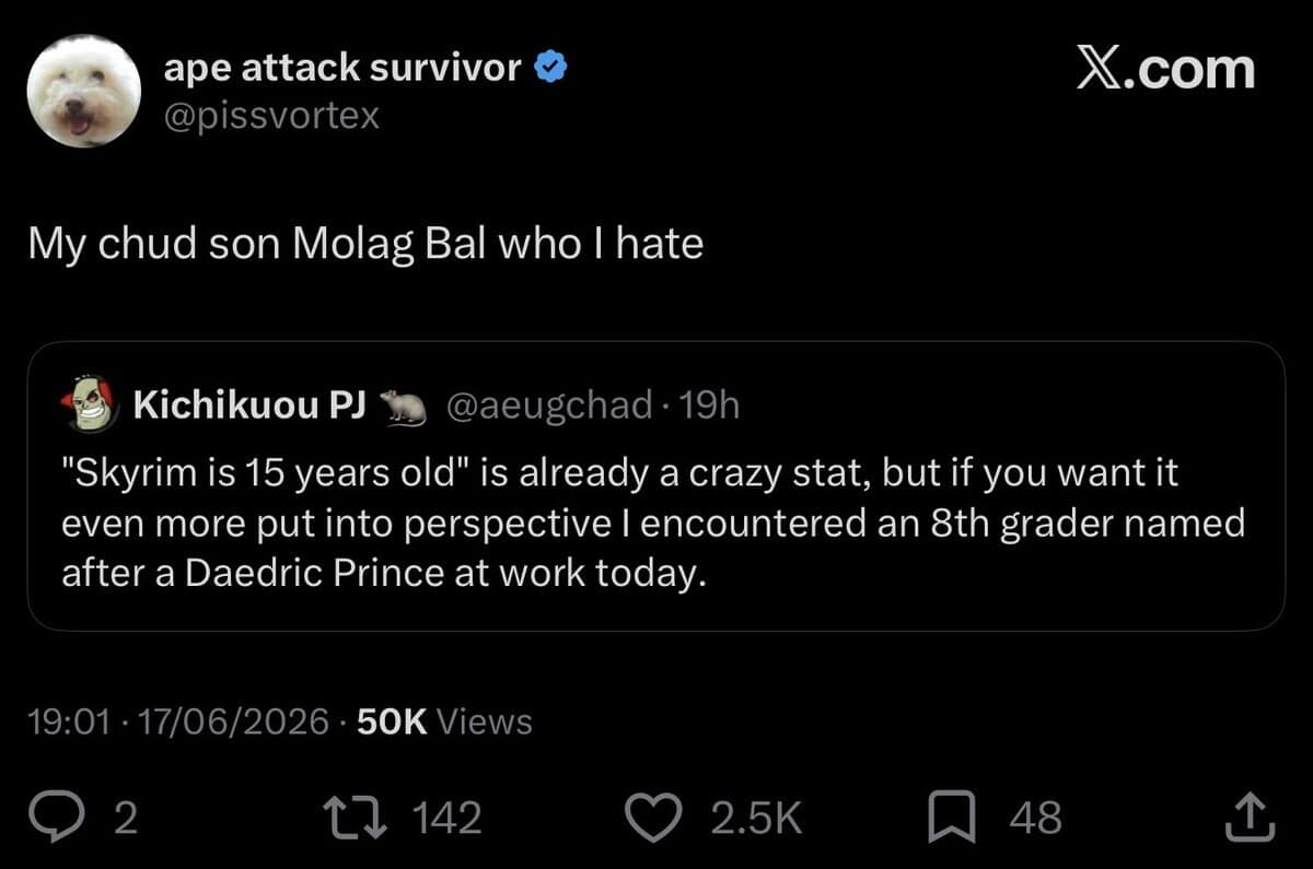 A quote tweet screenshot from a gaming-adjacent meme dump where a user jokes about their fictional son "Molag Bal," reacting to a text about a real-life eighth grader who was unironically named after an Elder Scrolls Daedric Prince.