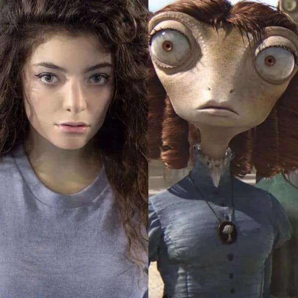 A meme dump celebrity lookalike comparison pairing a close-up facial portrait of singer Lorde directly beside the wide-eyed, brown-haired lizard character Beans from the animated movie Rango.
