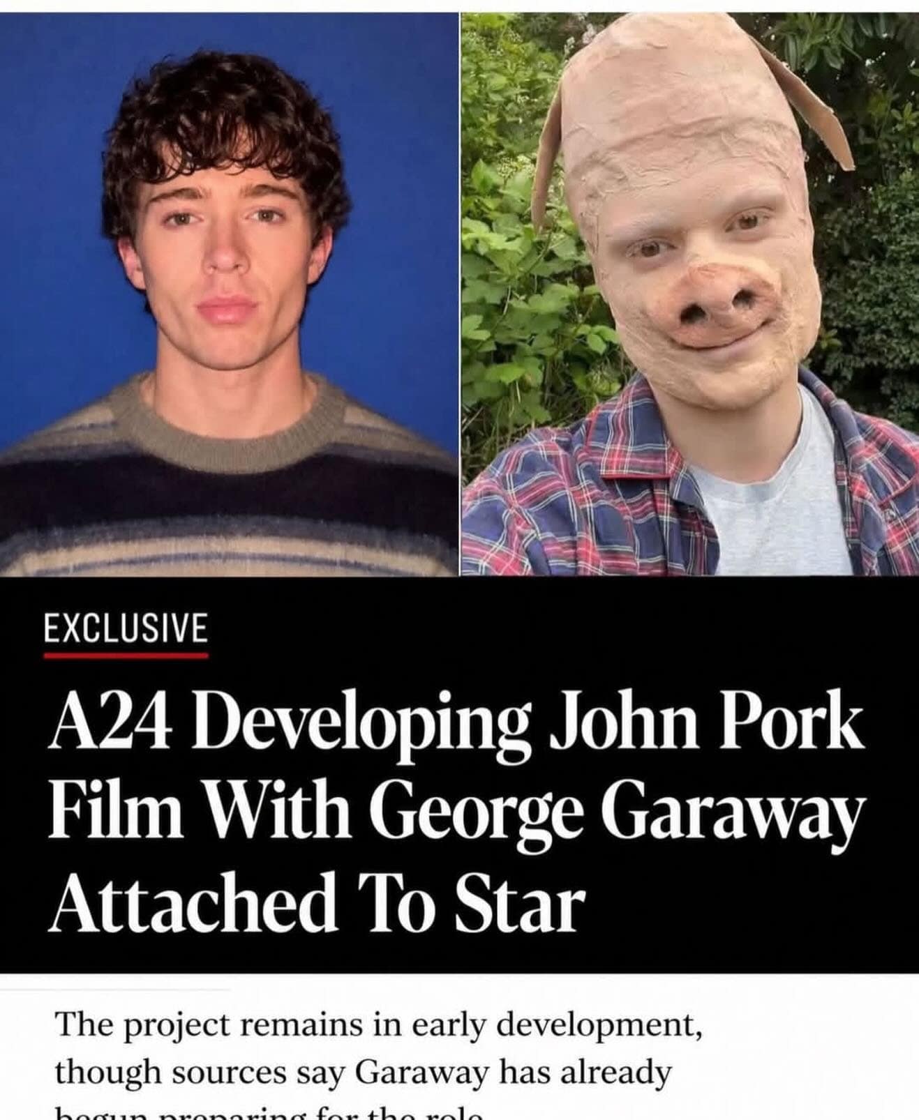 funny meme formatted as a fake movie industry trade announcement reading "EXCLUSIVE: A24 Developing John Pork Film With George Garaway Attached To Star", pairing a headshot of a young actor next to the uncanny computer-generated internet character John Pork.