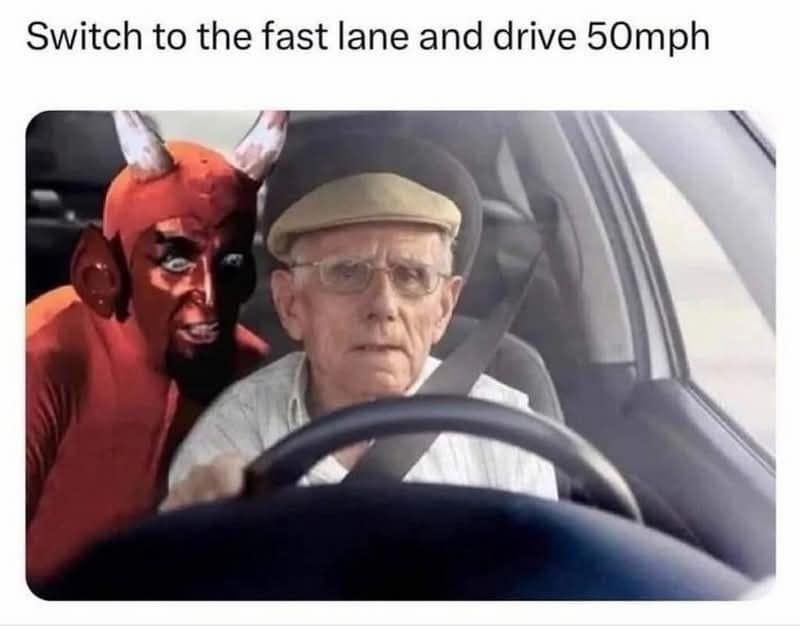 A road-rage comic entry in a meme dump features an elderly man in a flat cap driving a car while a red devil character sits next to him in the passenger seat, whispering the chaotic temptation: "Switch to the fast lane and drive 50mph."