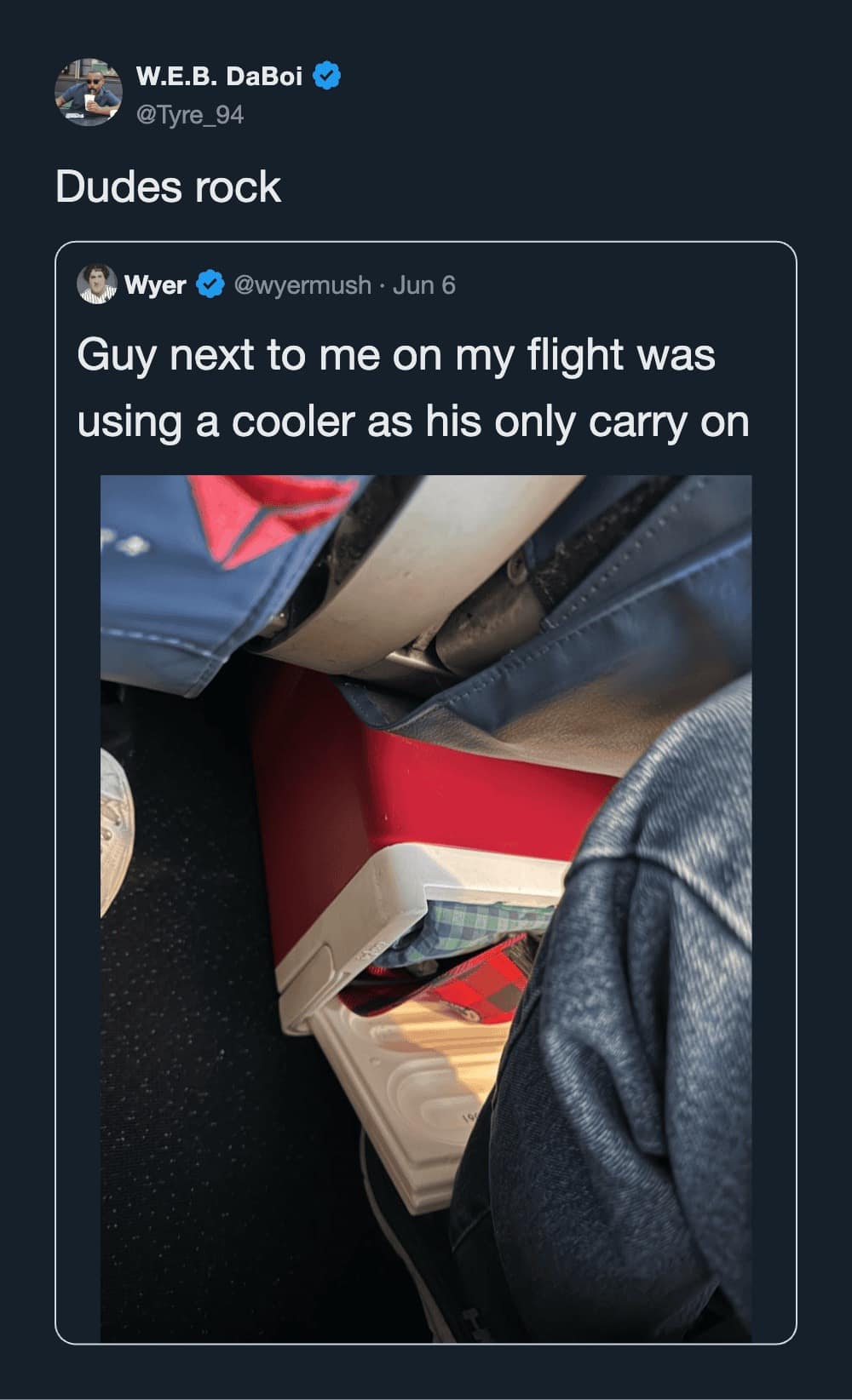 A social media post from a meme dump showing a first-person perspective of a traveler using a red and white plastic picnic cooler as their under-seat carry-on luggage on a flight.