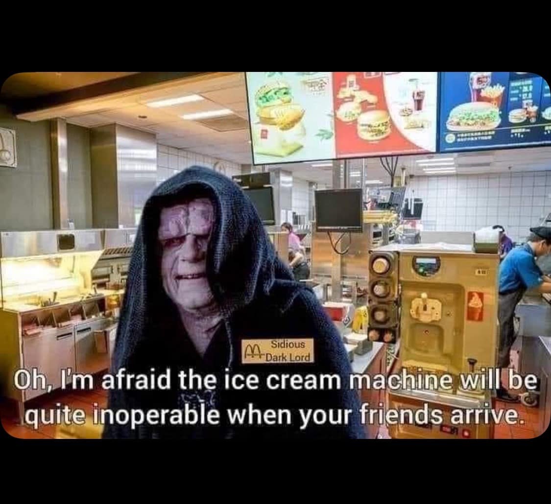 A screenshot from a meme dump showing Star Wars character Emperor Palpatine edited into a McDonald's restaurant uniform behind the register counter, accompanied by a caption about an inoperable ice cream machine.