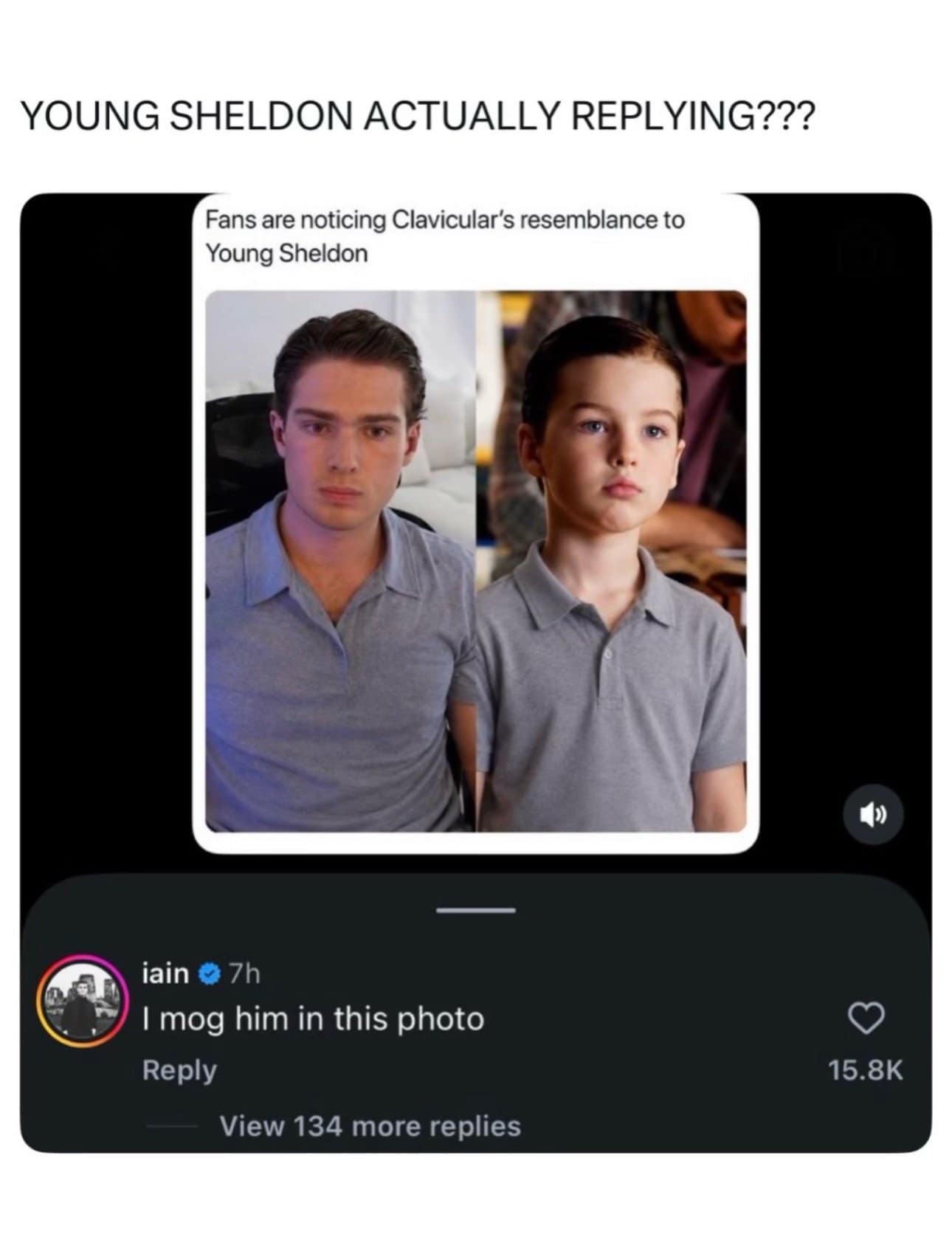meme dump post showing an online comparison between streamer Clavicular and a young Iain Armitage, featuring a shocking, real comment by the verified Young Sheldon actor stating, "I mog him in this photo."