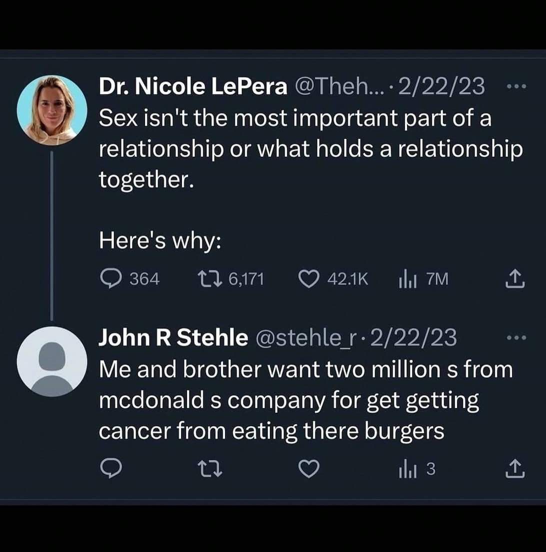 A relationship advice text post contrasted against a completely unhinged, grammatically chaotic reply about suing McDonald's, creating a hilarious funny meme.