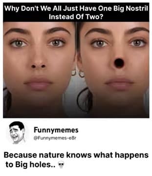 A dark humor anatomy post from a hilarious meme feed featuring a photoshopped image of a woman with one giant cyclops nostril instead of two, instantly ruined by a cursed reply about nature knowing what happens to big holes.