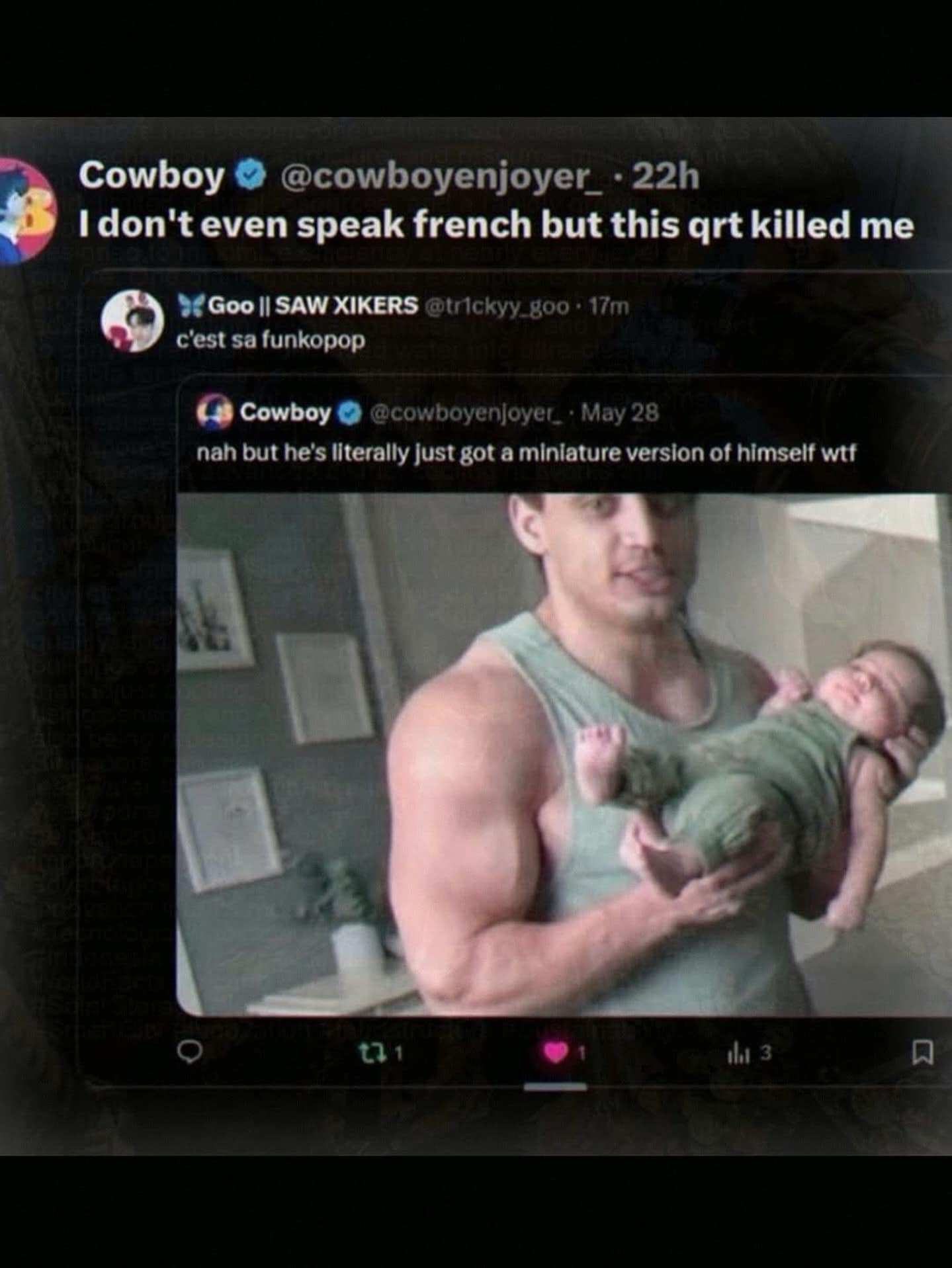 A screenshot of a viral social media interaction inside a meme dump where a user highlights a hilarious French quote-tweet ("c'est sa funkopop") aimed at a photo of a hyper-muscular gym enthusiast holding his tiny newborn baby.