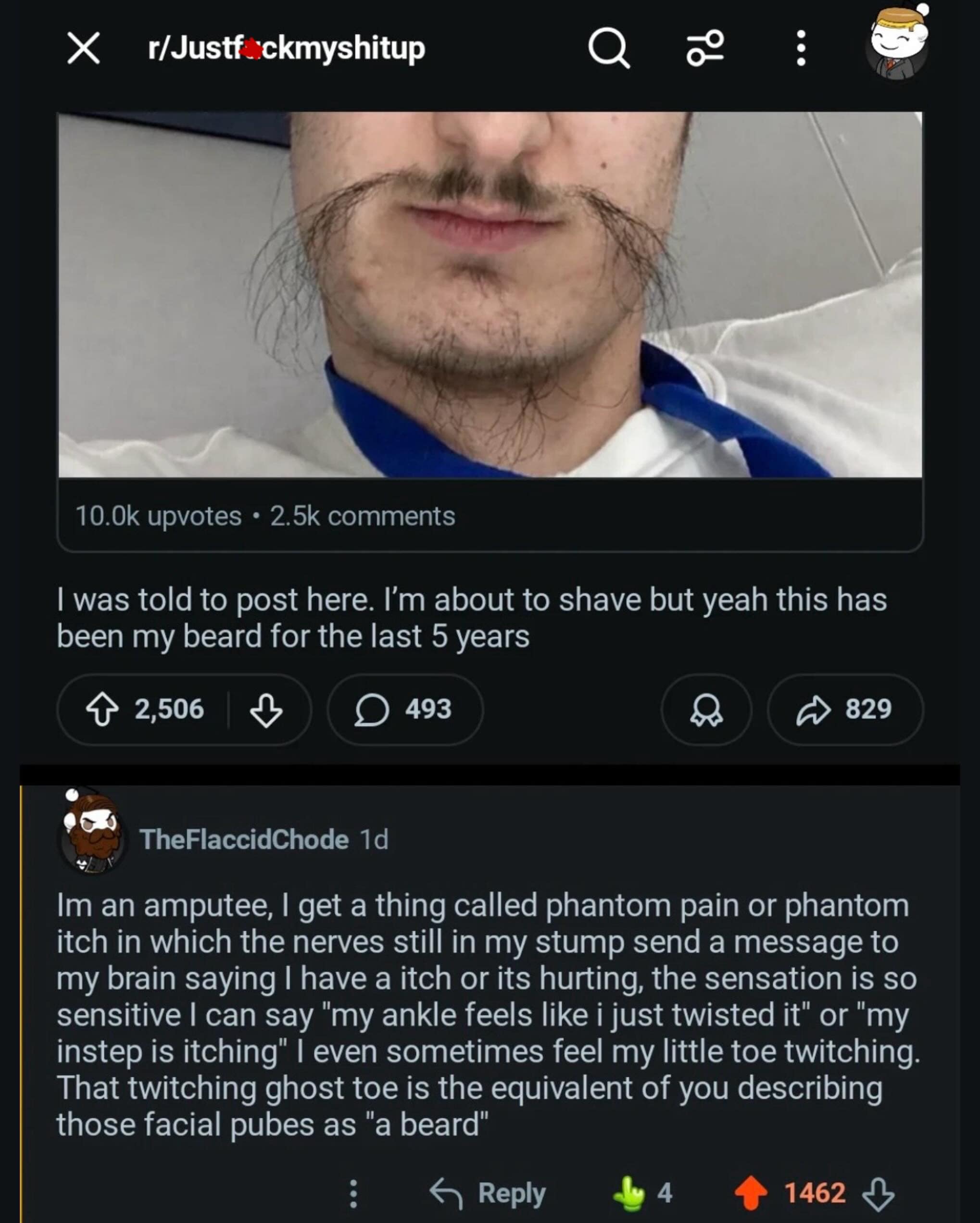 A savage internet roast preserved in a meme dump screenshots a Reddit thread on r/Justfuckmyshitup where a user defends his wispy facial hair, met with a brutal comment from an amputee comparing the thin mustache to a twitching phantom "ghost toe."