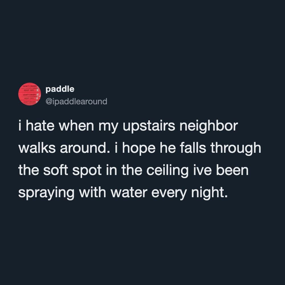 A dark comedy text post included in a meme dump where a user logs their ultimate passive-aggressive apartment revenge scheme: spraying the ceiling with water every night hoping the noisy upstairs neighbor falls through.