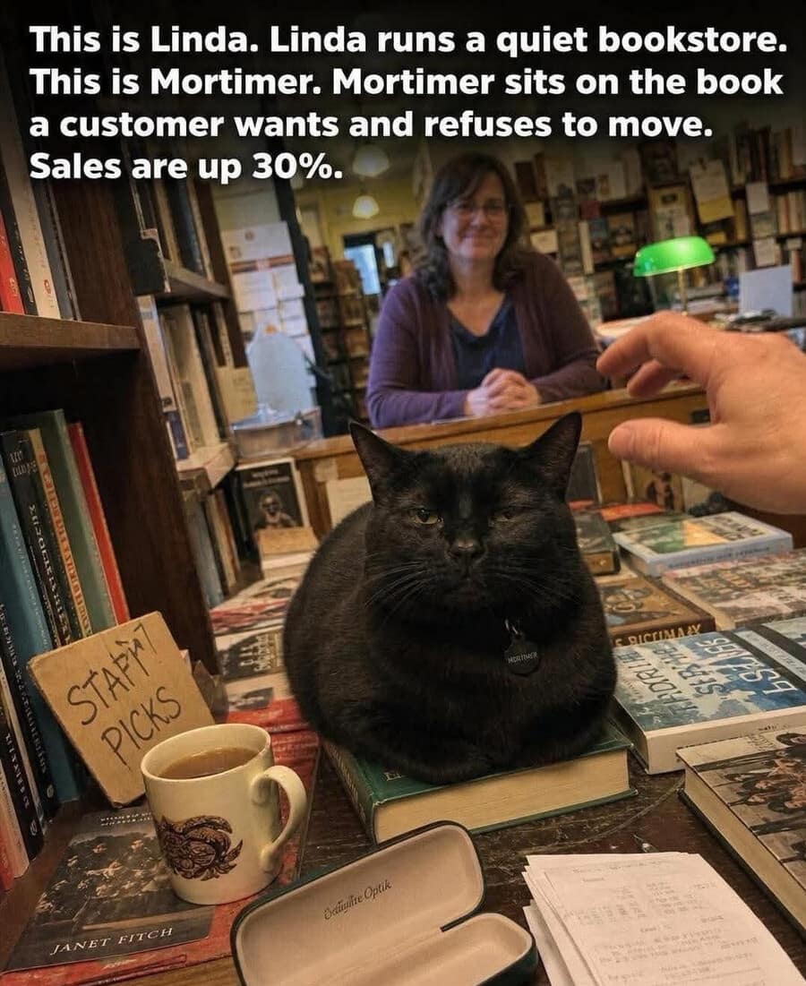A wholesome bookstore snapshot inside a meme dump highlighting Mortimer, a grumpy black cat sitting directly on top of a stack of books, successfully driving up store sales by thirty percent through sheer, unmoving feline intimidation.