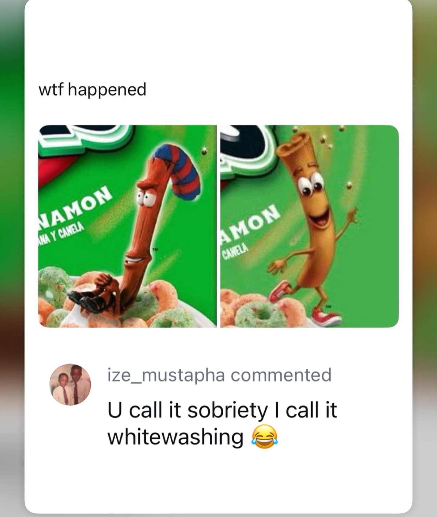 A grocery store branding comparison post within a meme dump, contrasting an older, character-driven Apple Jacks cinnamon stick mascot wearing a beanie with his modern, hyper-sanitized corporate redesign, met with a comment calling the change "whitewashing."