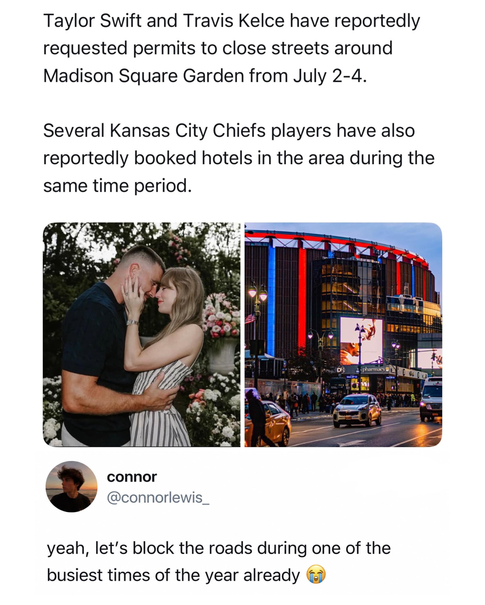 Circulating in this meme dump is a celebrity news reaction layout detailing reports that Taylor Swift and Travis Kelce have requested street closure permits around Madison Square Garden, met with a deeply annoyed local commuter comment.