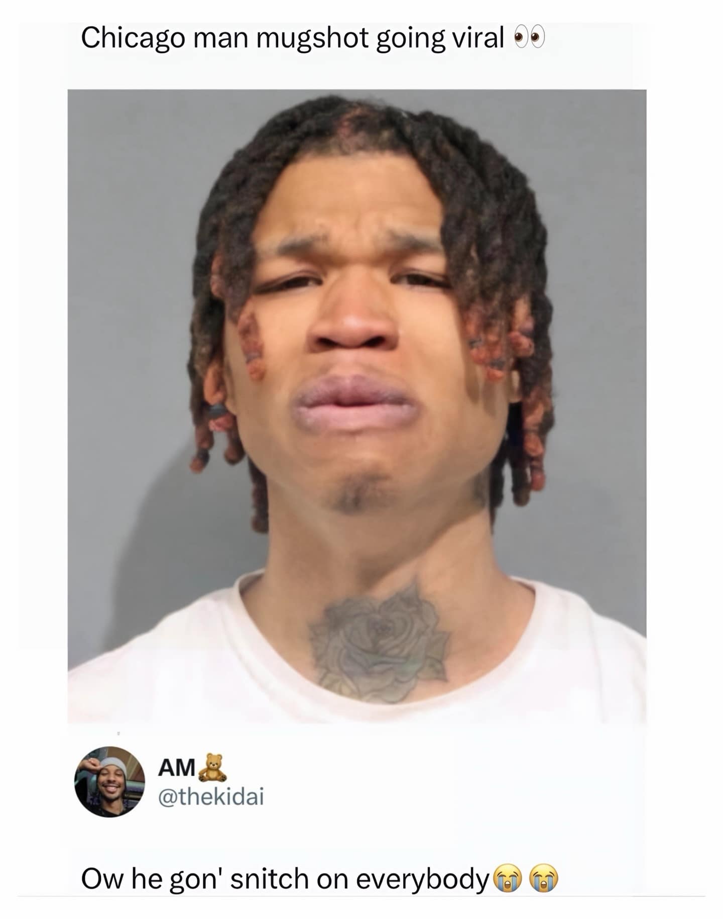 A viral internet snippet inside a meme dump shows a dramatic Chicago mugshot of a man with an intensely distraught, weeping facial expression, paired with a savage social media roast comment reading, "Ow he gon' snitch on everybody."
