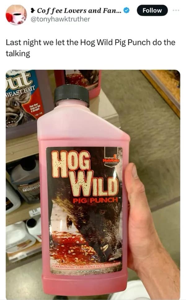A funny meme tweet says “Last night we let the Hog Wild Pig Punch do the talking,” paired with a store photo of a bright pink bottle of wild hog bait liquid, turning hunting-supply aisle branding into the name of a dangerous backyard cocktail no one should actually drink.