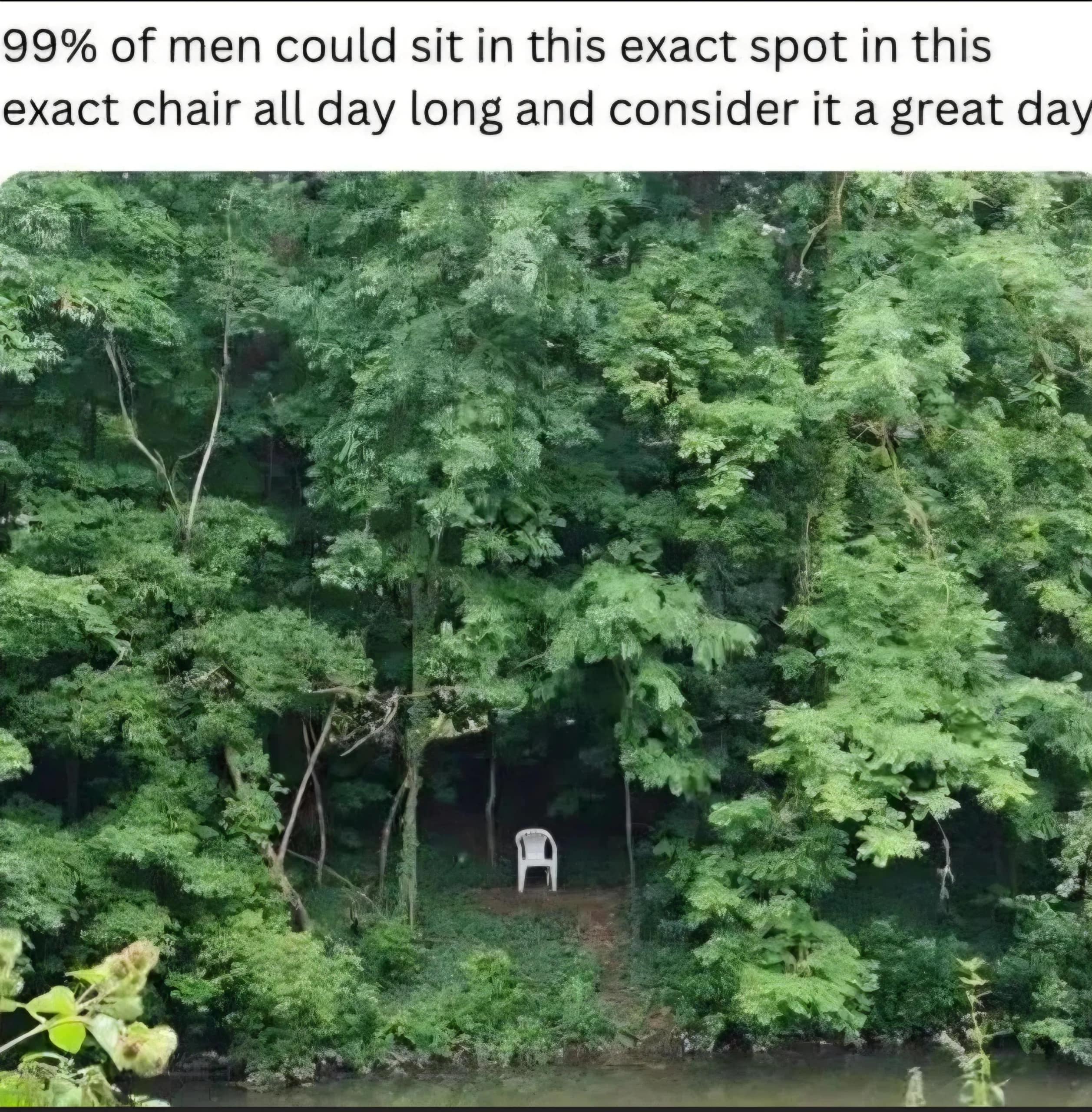 A scenic outdoor image from a nature-themed meme dump showing a lone white plastic chair positioned in a small clearing deep within a lush green forest right next to a river bank, under a caption about male satisfaction.