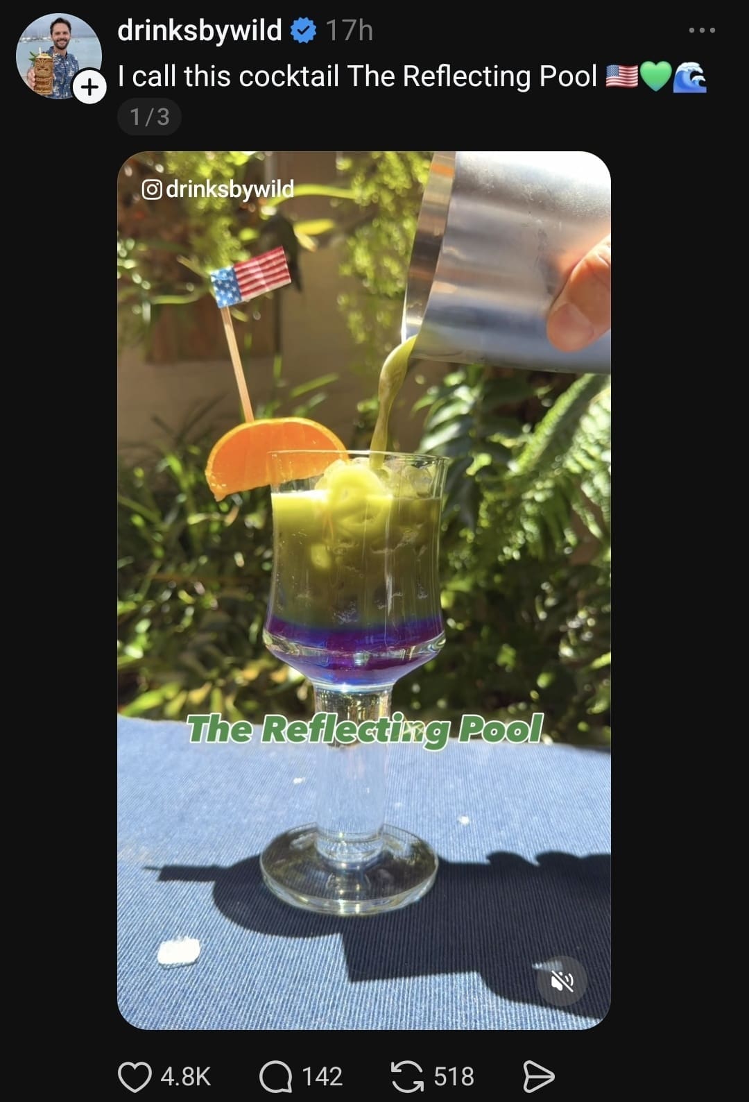 cocktail tutorial screenshot from a meme dump showing a Threads post by user @drinksbywild pouring a layered green, blue, and purple alcoholic beverage garnished with an orange wedge and an American flag, titled "The Reflecting Pool".