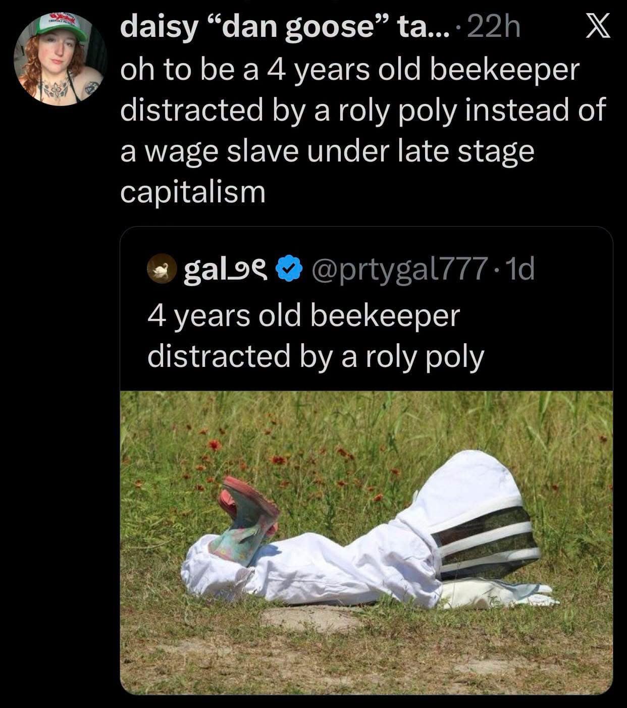 A funny text and image post in a meme dump showing a tiny 4-year-old child in an oversized white beekeeper suit lying flat in the grass to look at a bug, contrastingly framed as an enviable escape from late-stage capitalism.