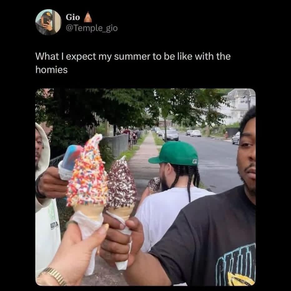 This comforting hilarious meme showcases a group of close friends proudly cheering in the street while holding massive, multi-flavored soft-serve ice cream cones covered in rainbow and chocolate sprinkles, captioned: "What I expect my summer to be like with the homies".