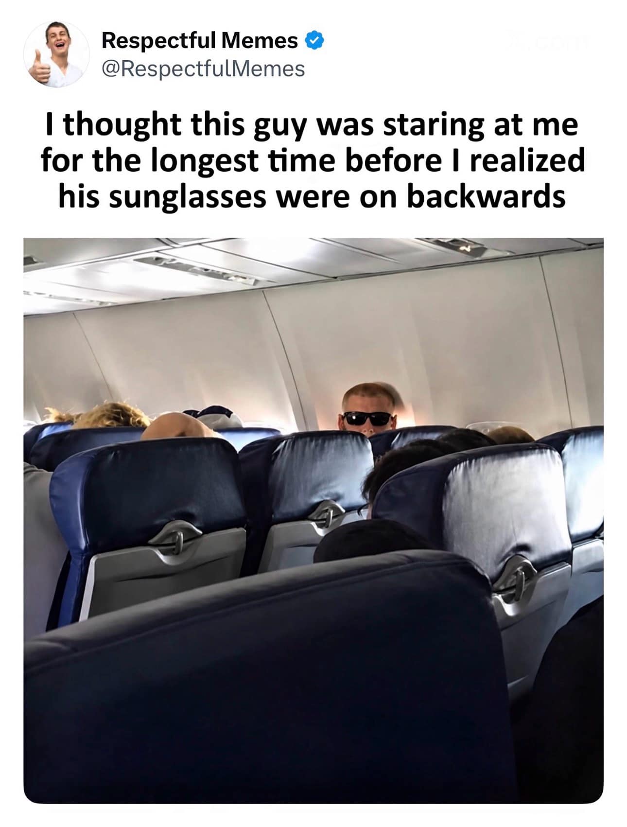 An absolute nightmare-fuel optical illusion from a viral meme dump captures an airplane passenger whose sunglasses are resting on the back of his shaved head, making it look like a creepy, expressionless face staring directly backward over the seat.
