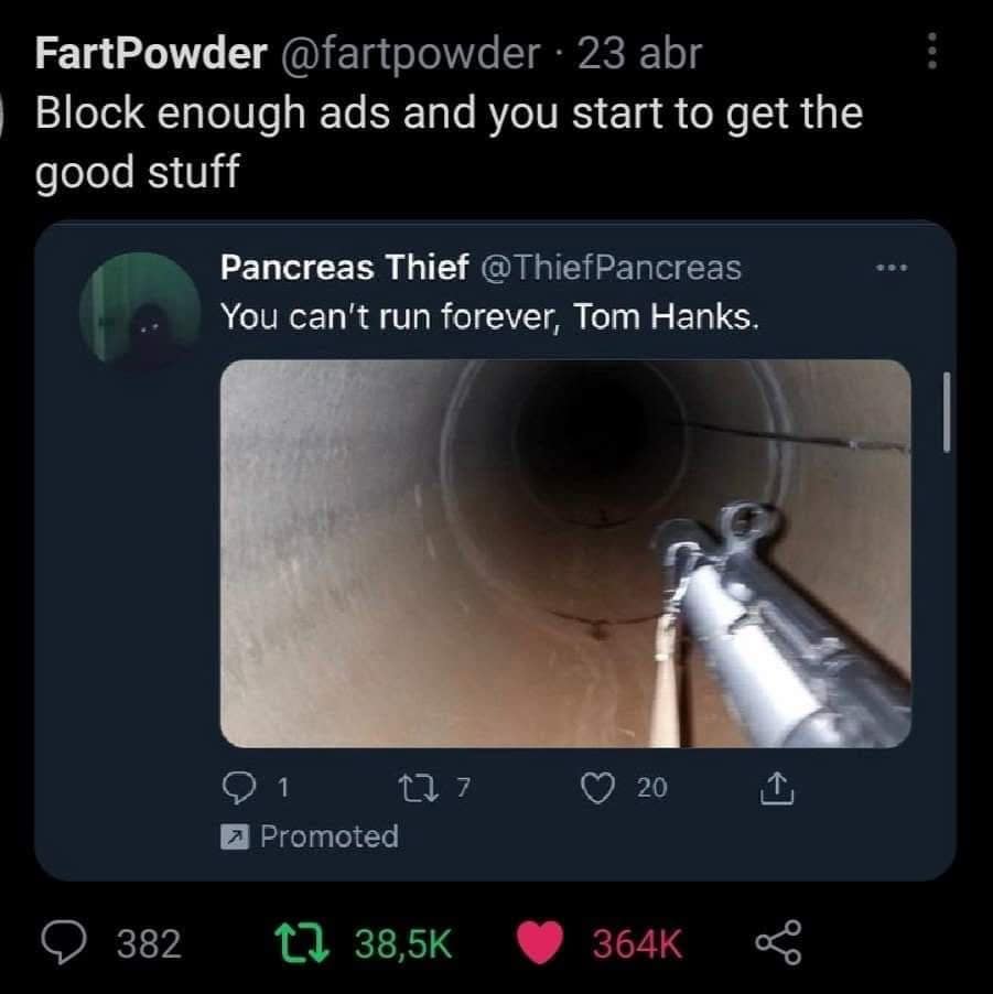 An unhinged targeted ad sequence inside a meme dump captures a tweet by user FartPowder showing a promoted post from an account named Pancreas Thief that features a first-person shooter view pointing a weapon down a concrete tunnel under the ominous warning, "You can't run forever, Tom Hanks."