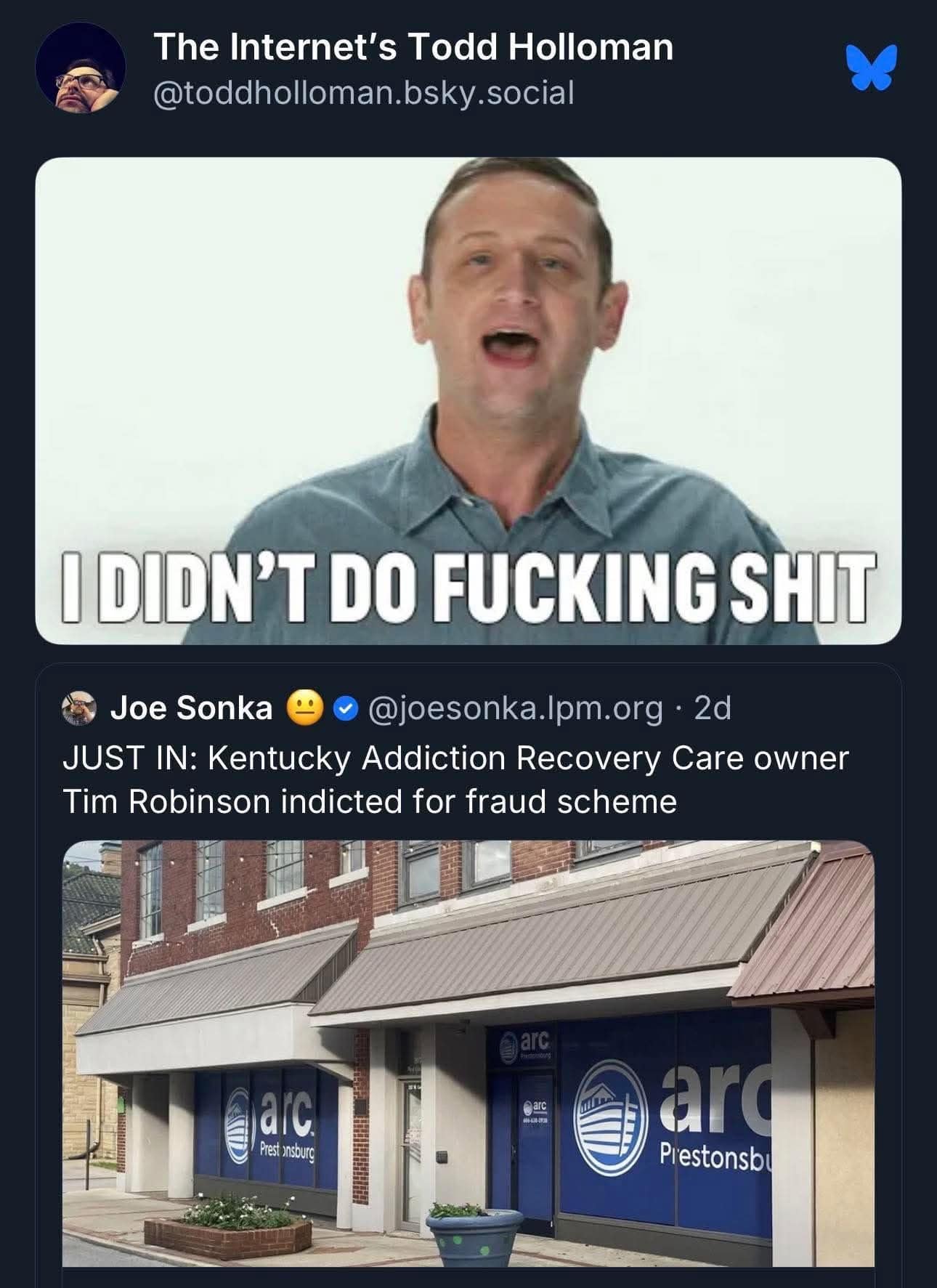 A BlueSky platform screenshot from a meme dump quote-tweeting a news fraud indictment using an iconic reaction image of comedian Tim Robinson shouting "I DIDN'T DO F*CKING SH*T".