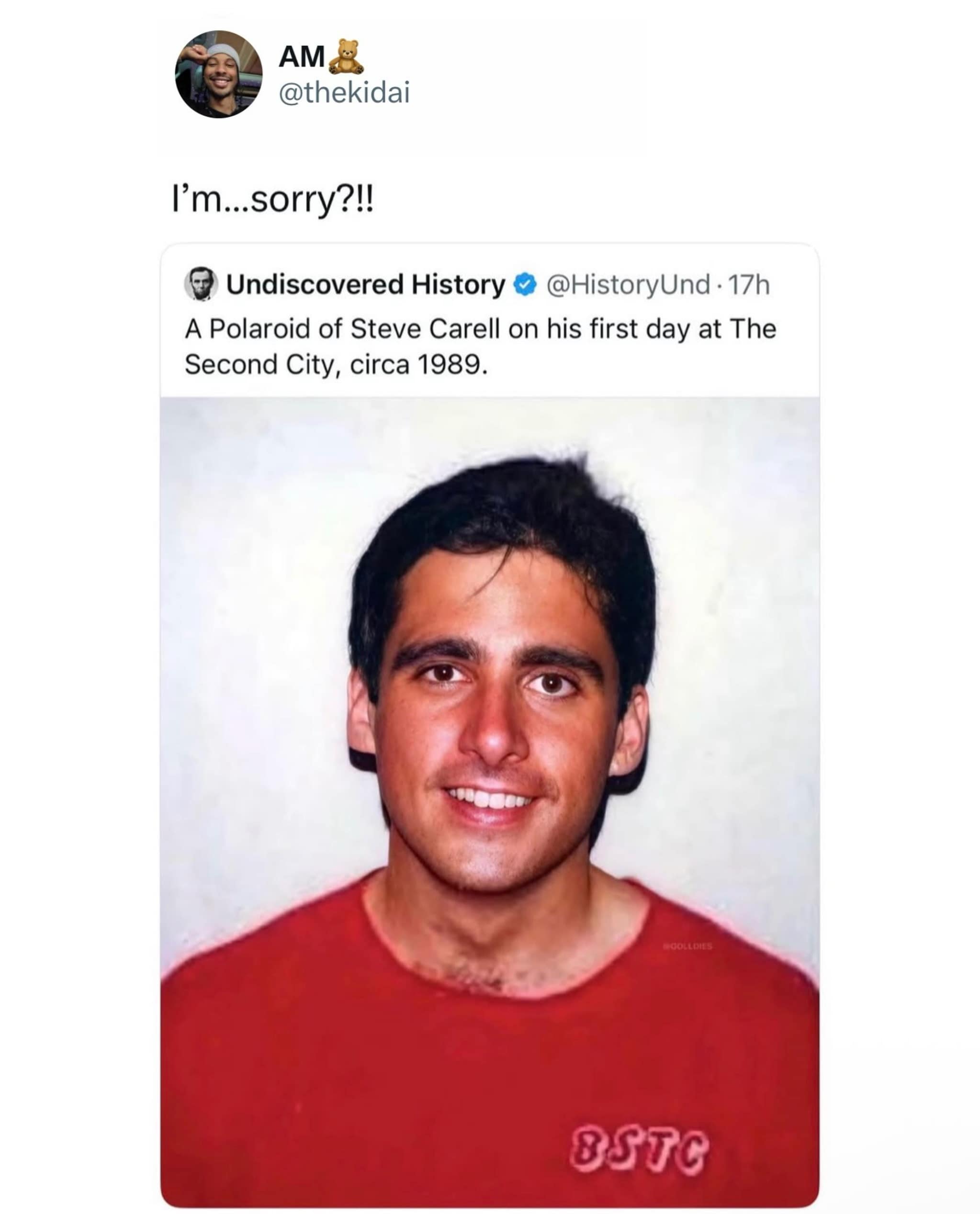 A social media post screenshot from a pop culture meme dump featuring a vintage 1989 Polaroid of a young, remarkably tan Steve Carell sporting a thick mustache and smiling in a red t-shirt.