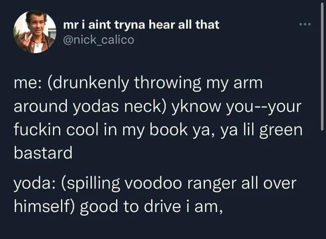A text-only screenshot of a humorous tweet in a meme dump detailing a fictional drunken conversation where a person throws their arm around Yoda and calls him a "lil green bastard."