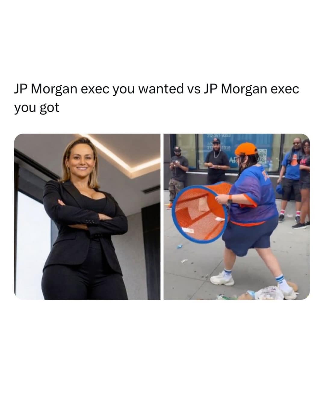 A corporate expectation vs. reality funny meme sets up a side-by-side comparison, contrasting a professional portrait of an executive against a chaotic street video still of a sports fan sprinting on a sidewalk while holding an orange plastic laundry hamper.