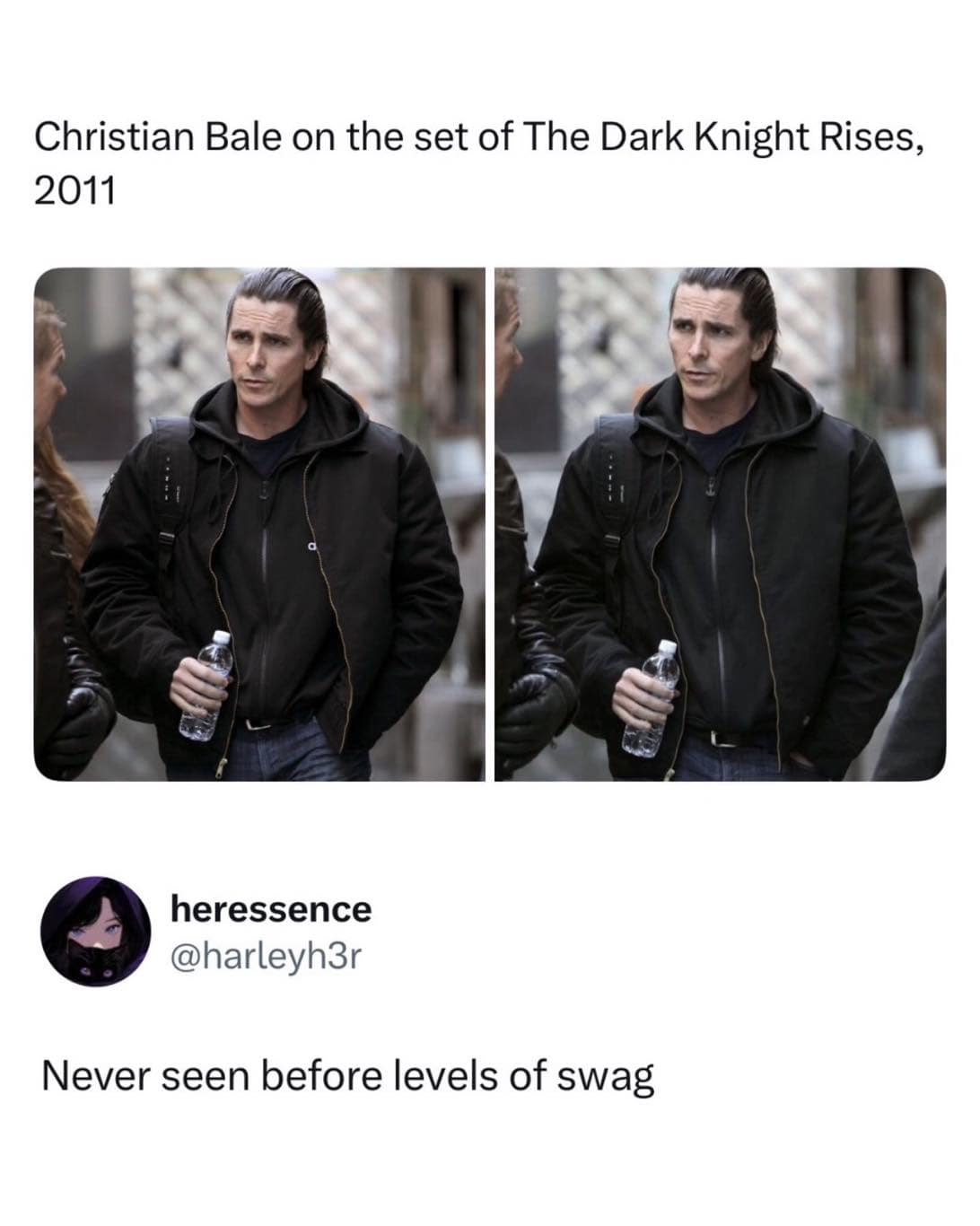 cinematic behind-the-scenes pop-culture meme from a meme dump featuring two identical panels of actor Christian Bale walking on set for The Dark Knight Rises in 2011. He sports long slicked-back hair with dramatic grey streaks, a casual black zip-up jacket, and holds a water bottle, paired with a social media comment praising his "never seen before levels of swag."