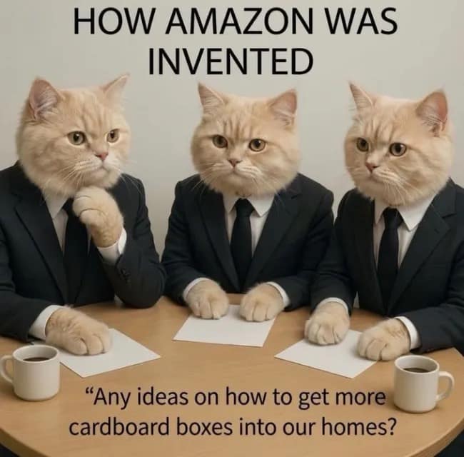Three cats in business suits sitting around a conference table in an AI-generated corporate satire image from a meme dump.
