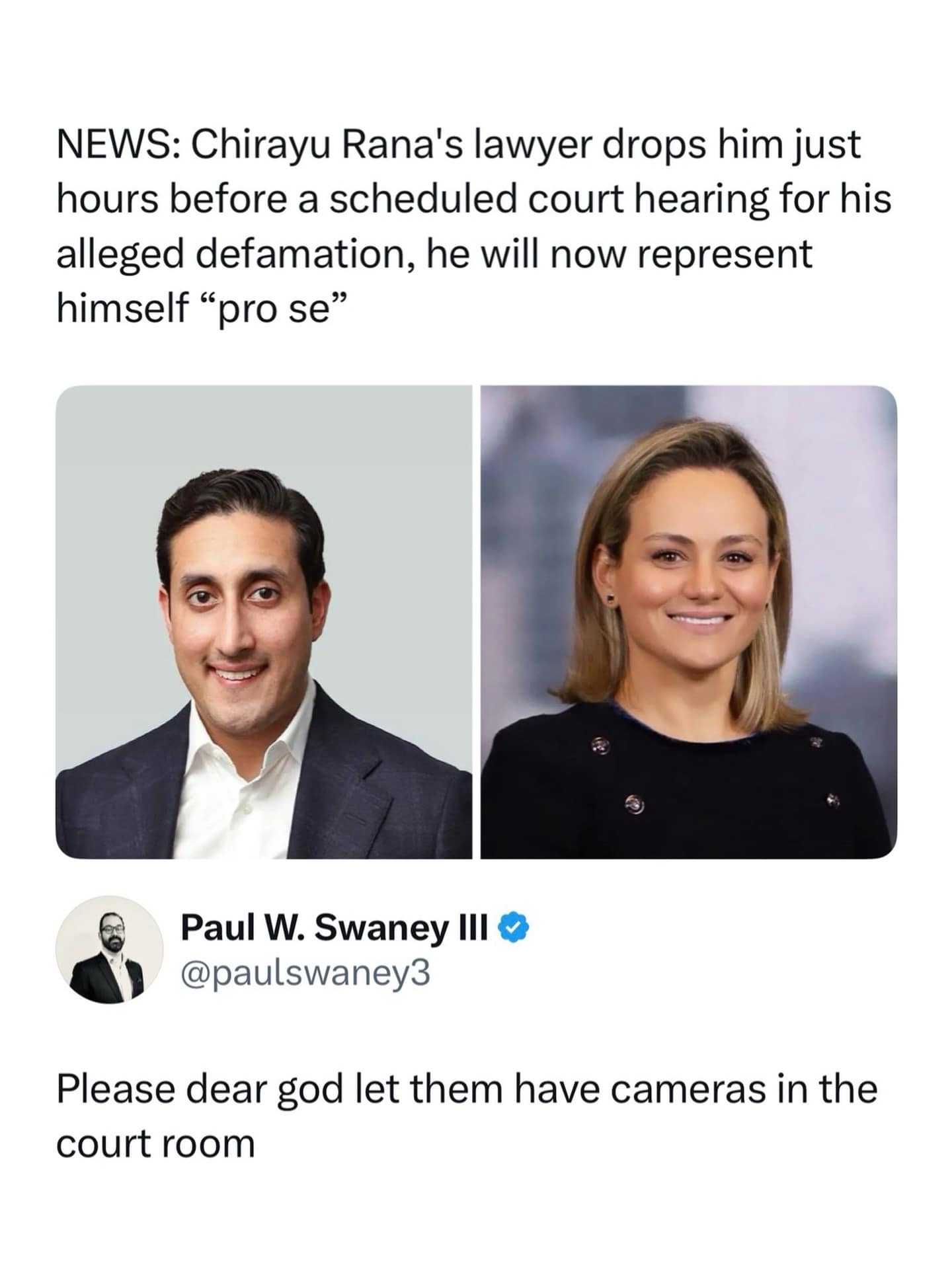 A courtroom drama meme shows a fake news-style post claiming a lawyer dropped a client hours before a defamation hearing, meaning he will represent himself, with a reply begging for cameras in the courtroom because the legal chaos promises premium internet spectacle.