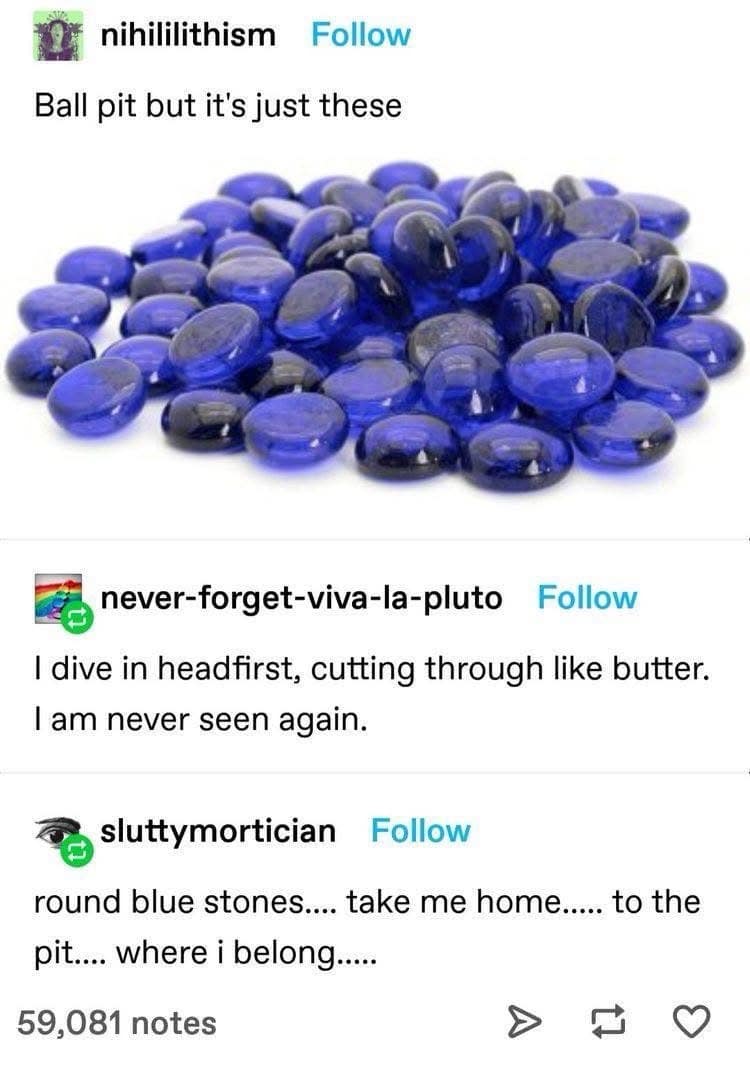 A social media comment thread discussing the painful concept of filling a children's play ball pit with smooth blue glass decorative stones, shared as a funny meme.