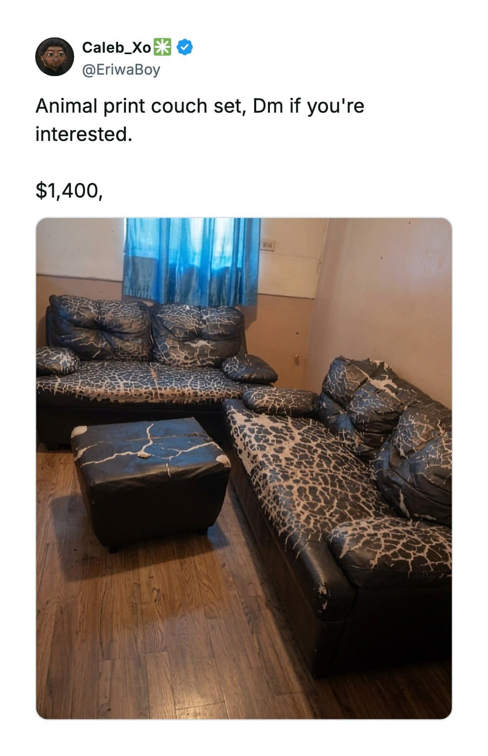 A meme dump online marketplace fail showing a Twitter screenshot of a thoroughly shredded, peeling, and disintegrating black faux-leather sofa set listed as an "Animal print couch set" for the absurd price of $1,400.