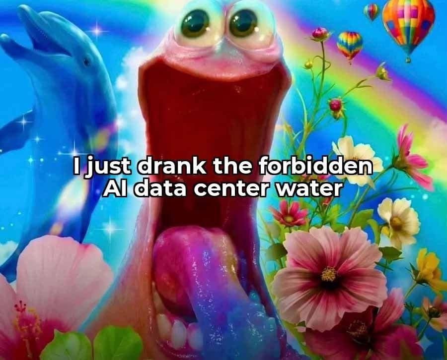 deeply surreal, vibrant internet meme from a meme dump featuring a bright pink, wide-mouthed cartoon creature screaming with unhinged joy amidst a colorful backdrop of rainbows, jumping dolphins, blooming flowers, and hot air balloons. The caption text reads, "I just drank the forbidden AI data center water."